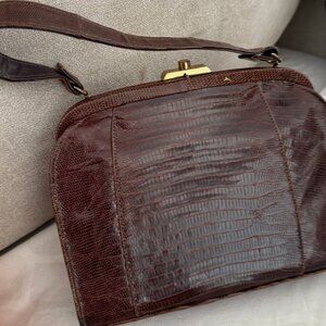 Vintage Alligator Womens Brown Leather Top Handle Inner Pockets Clutch Bag Purse
